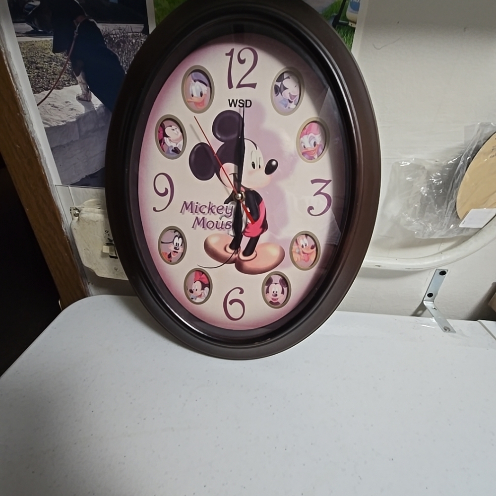 WSD Mickey Mouse Clock Vintage Battery Operated 15” High 11” Wide. Clock Works.